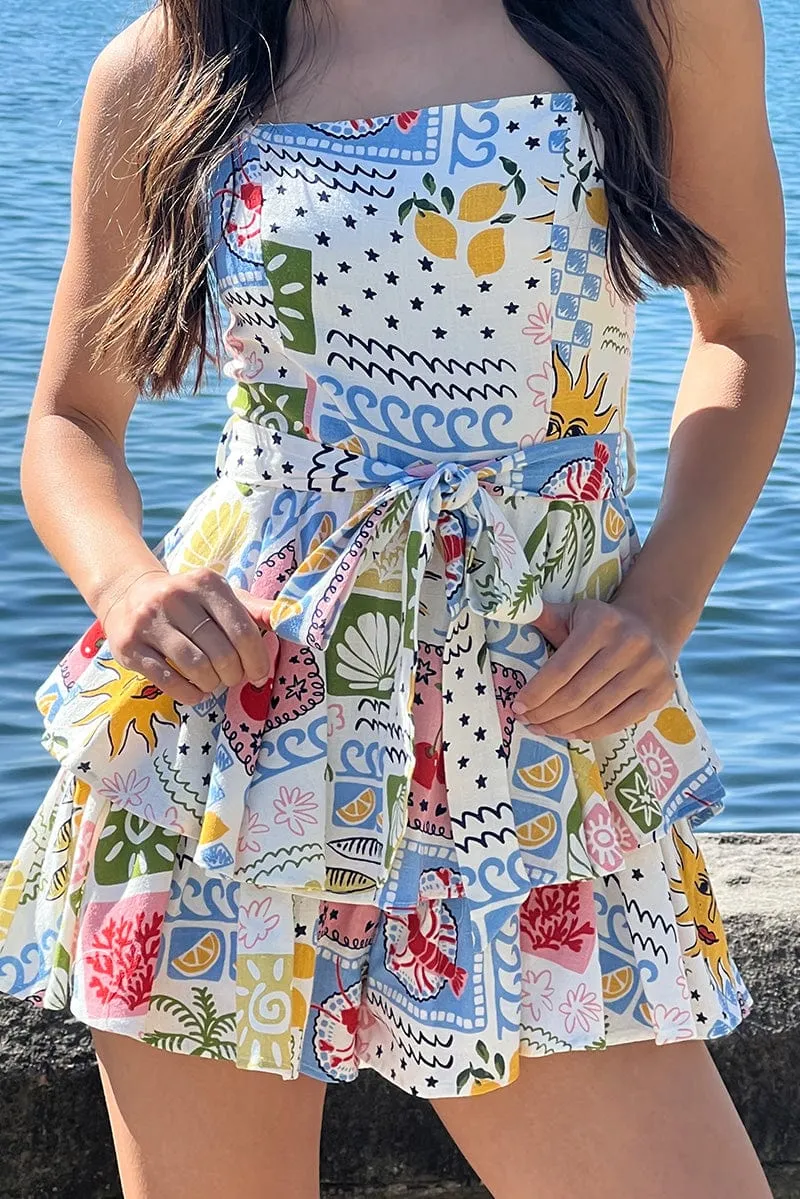 Multi Abstract Fit And Flare Playsuit Square Neck