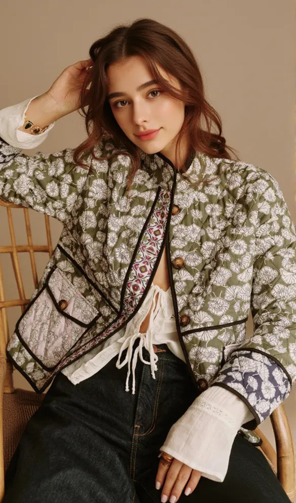 multicolor Floral Pocket Quilted Coat