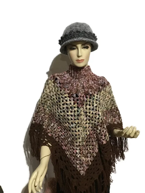 MY GARDEN IN THE FALL PONCHO, crochet poncho with a collar, alpaca, merino, silk fiber, brown, plum, green, beige, woman's size,