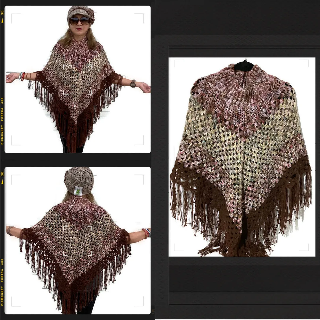 MY GARDEN IN THE FALL PONCHO, crochet poncho with a collar, alpaca, merino, silk fiber, brown, plum, green, beige, woman's size,