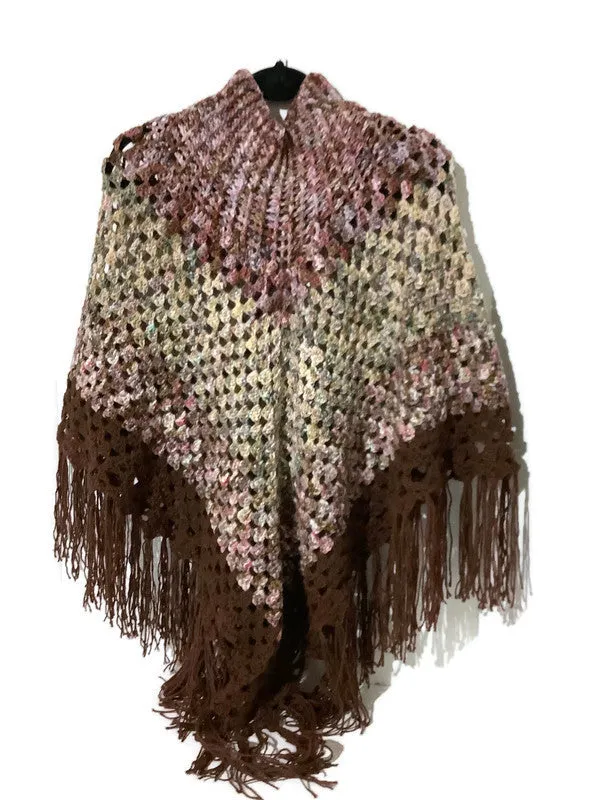 MY GARDEN IN THE FALL PONCHO, crochet poncho with a collar, alpaca, merino, silk fiber, brown, plum, green, beige, woman's size,