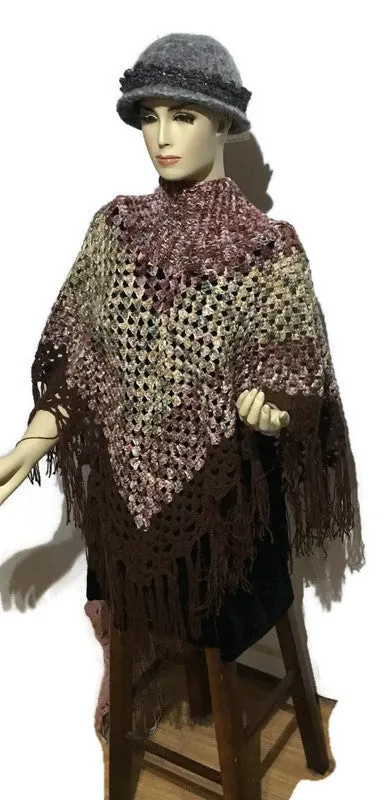 MY GARDEN IN THE FALL PONCHO, crochet poncho with a collar, alpaca, merino, silk fiber, brown, plum, green, beige, woman's size,