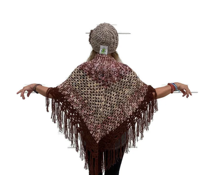 MY GARDEN IN THE FALL PONCHO, crochet poncho with a collar, alpaca, merino, silk fiber, brown, plum, green, beige, woman's size,