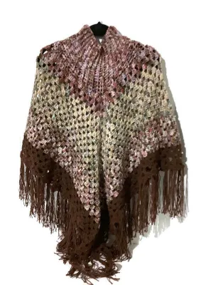 MY GARDEN IN THE FALL PONCHO, crochet poncho with a collar, alpaca, merino, silk fiber, brown, plum, green, beige, woman's size,