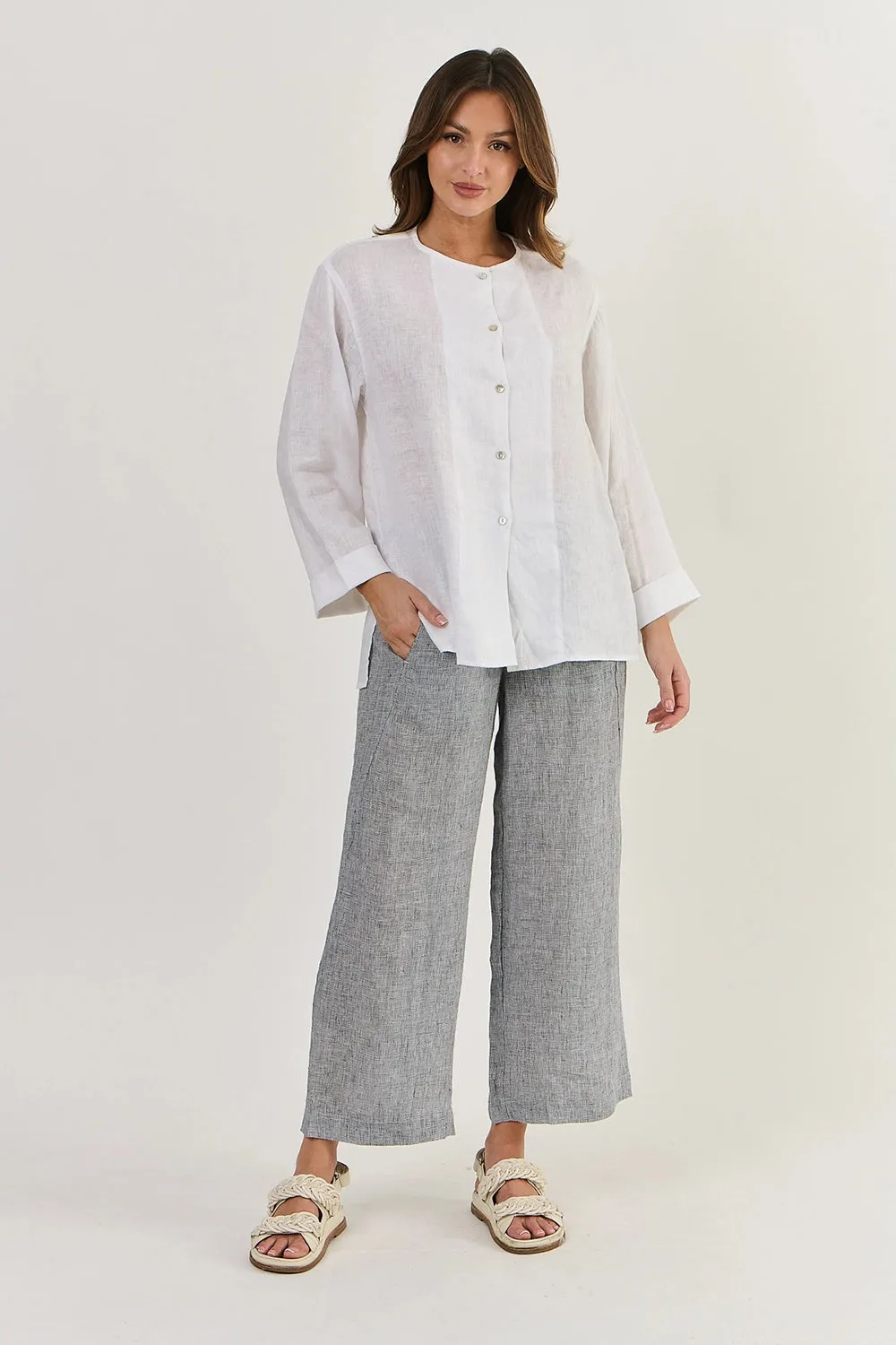 Naturals by O & J Button Through Linen Top in Whisper White GA510