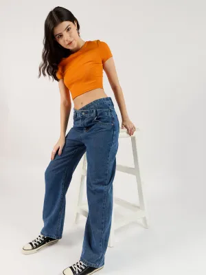 Navy Blue Criss Cross Waistband Jeans