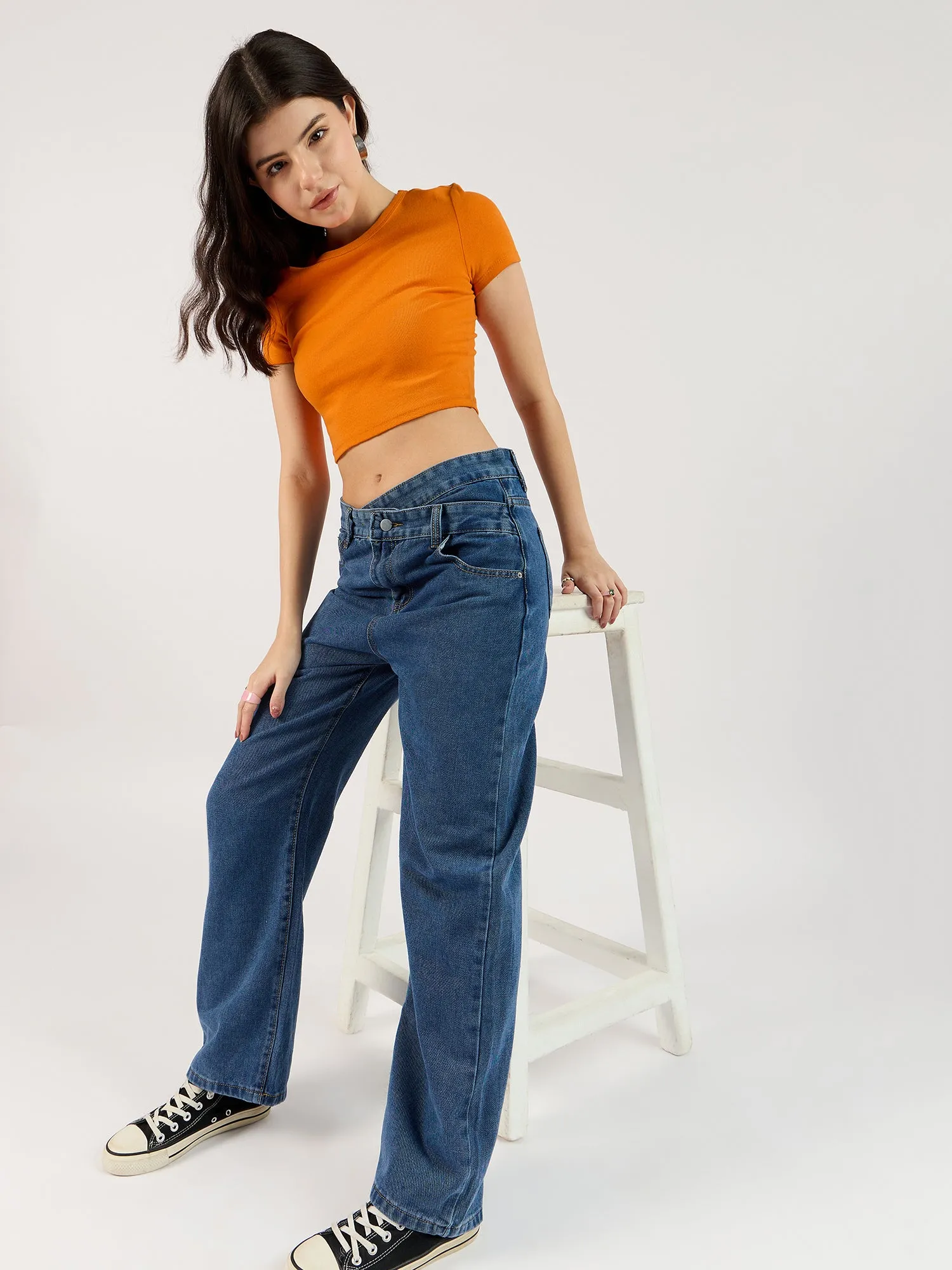 Navy Blue Criss Cross Waistband Jeans