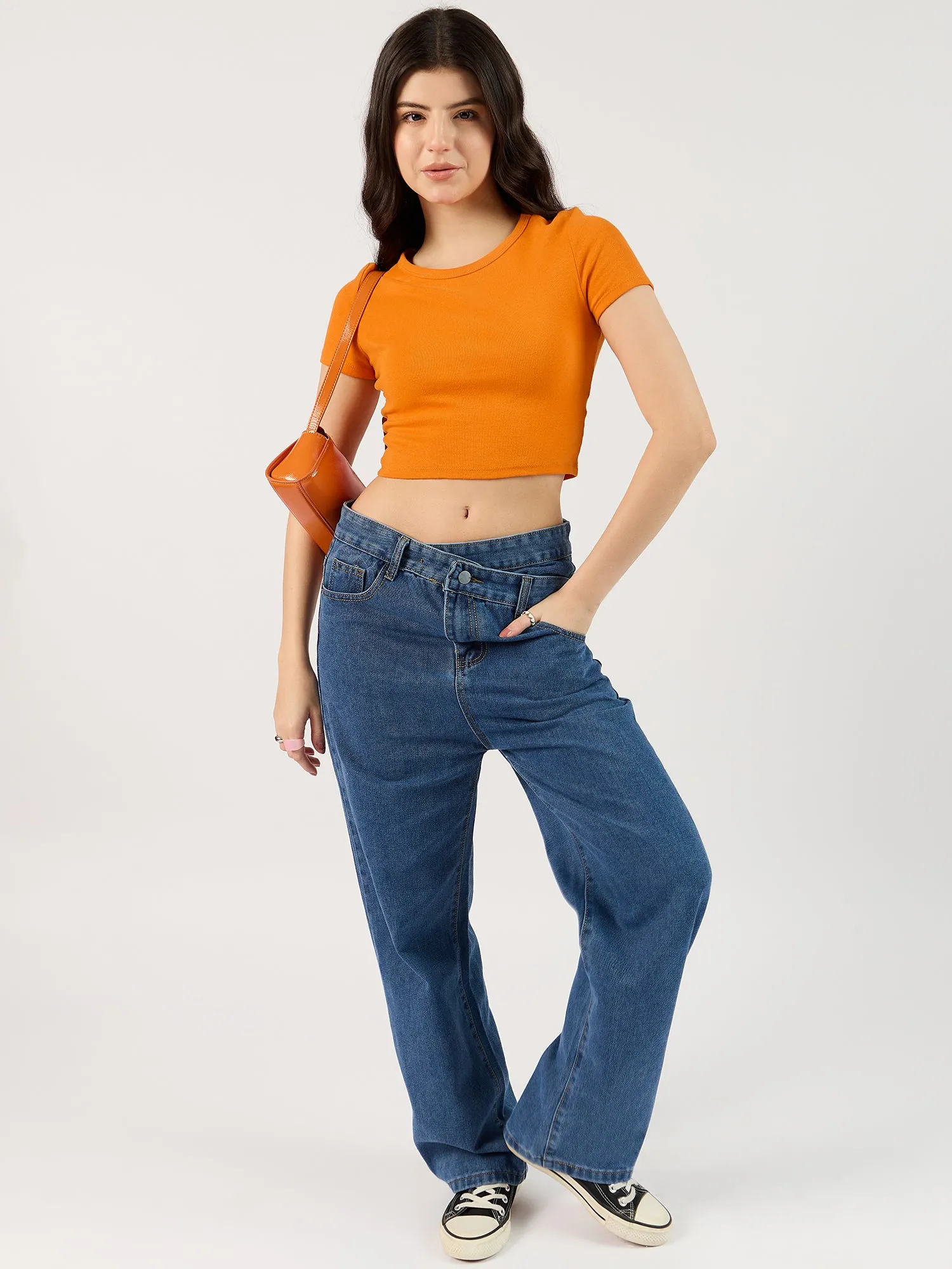 Navy Blue Criss Cross Waistband Jeans