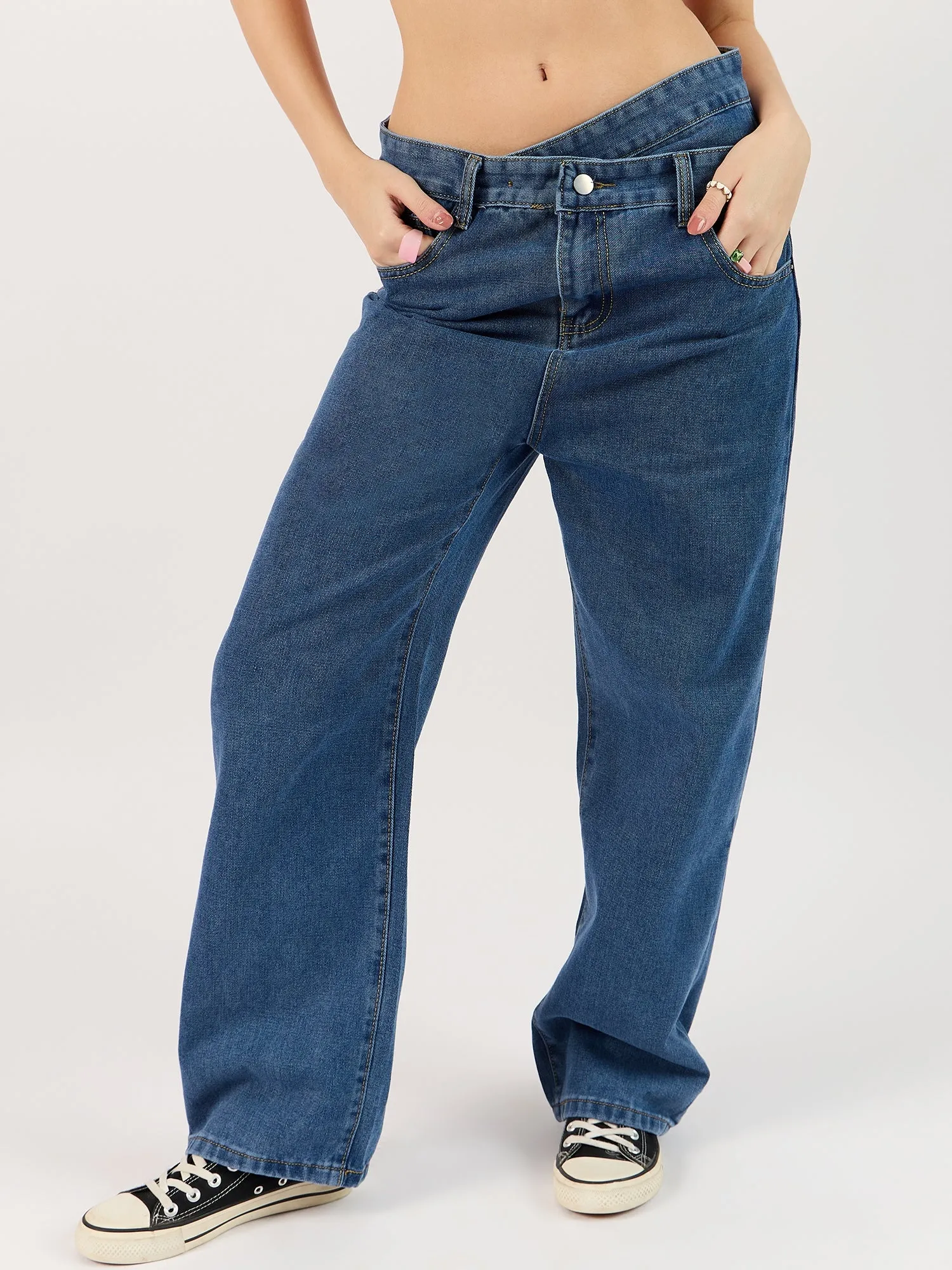 Navy Blue Criss Cross Waistband Jeans