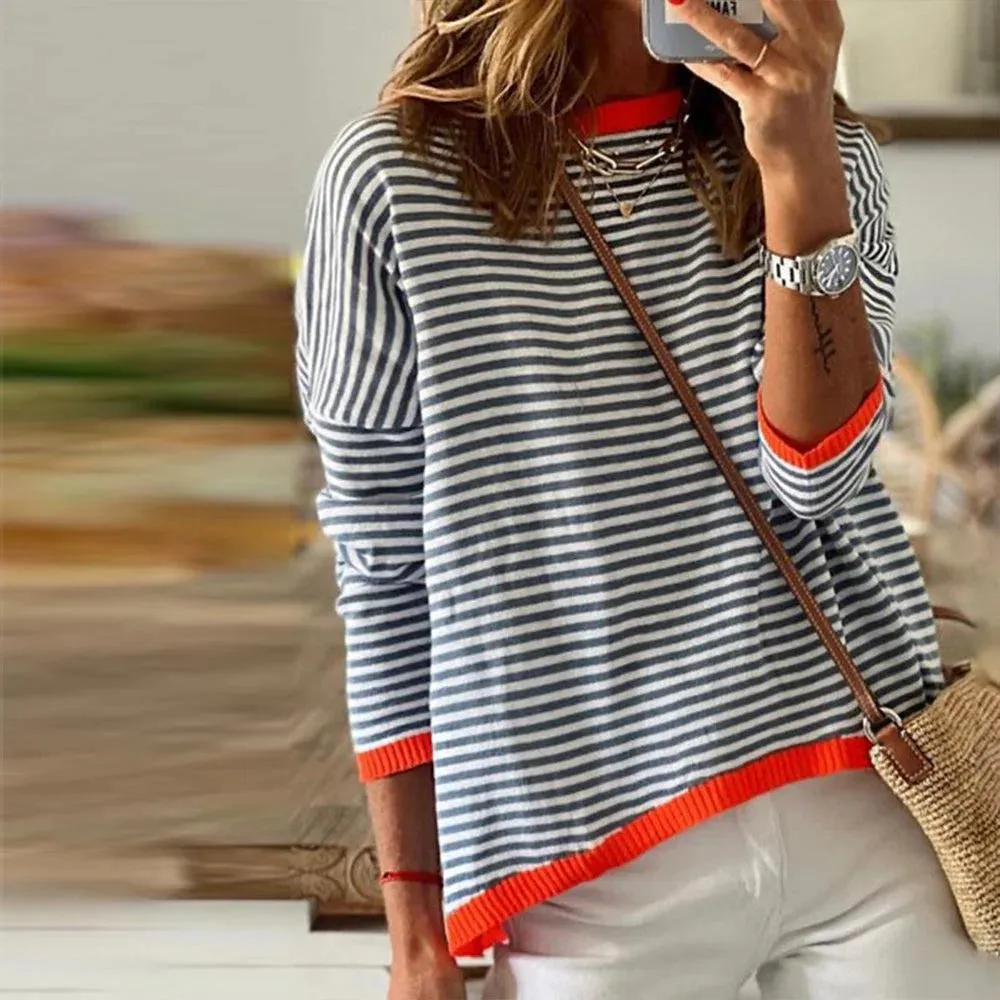NEW Bovuf Orange Trim Navy and White Stripe Long Sleeve Top, Sz L, Retails $90
