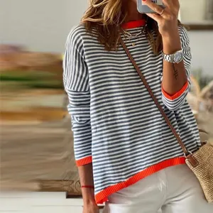 NEW Bovuf Orange Trim Navy and White Stripe Long Sleeve Top, Sz L, Retails $90