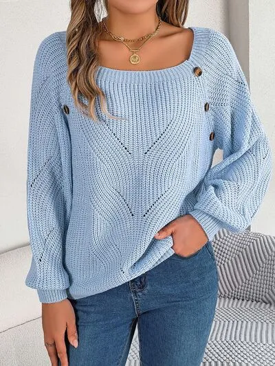 Openwork Buttoned Square Neck Sweater (3 Colors)