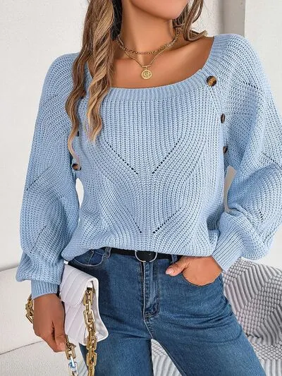 Openwork Buttoned Square Neck Sweater (3 Colors)