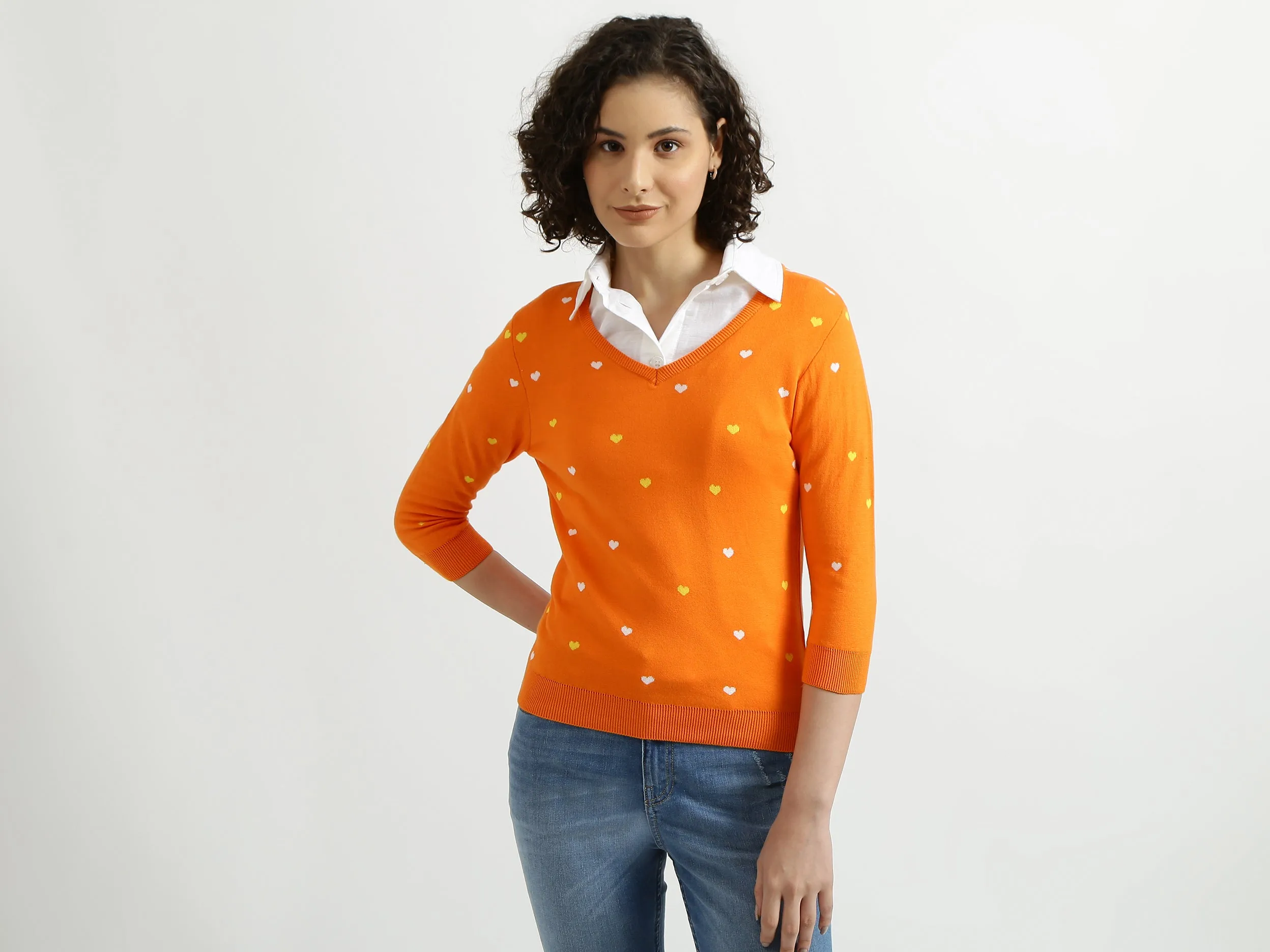 Orange V-Neck Printed Sweater