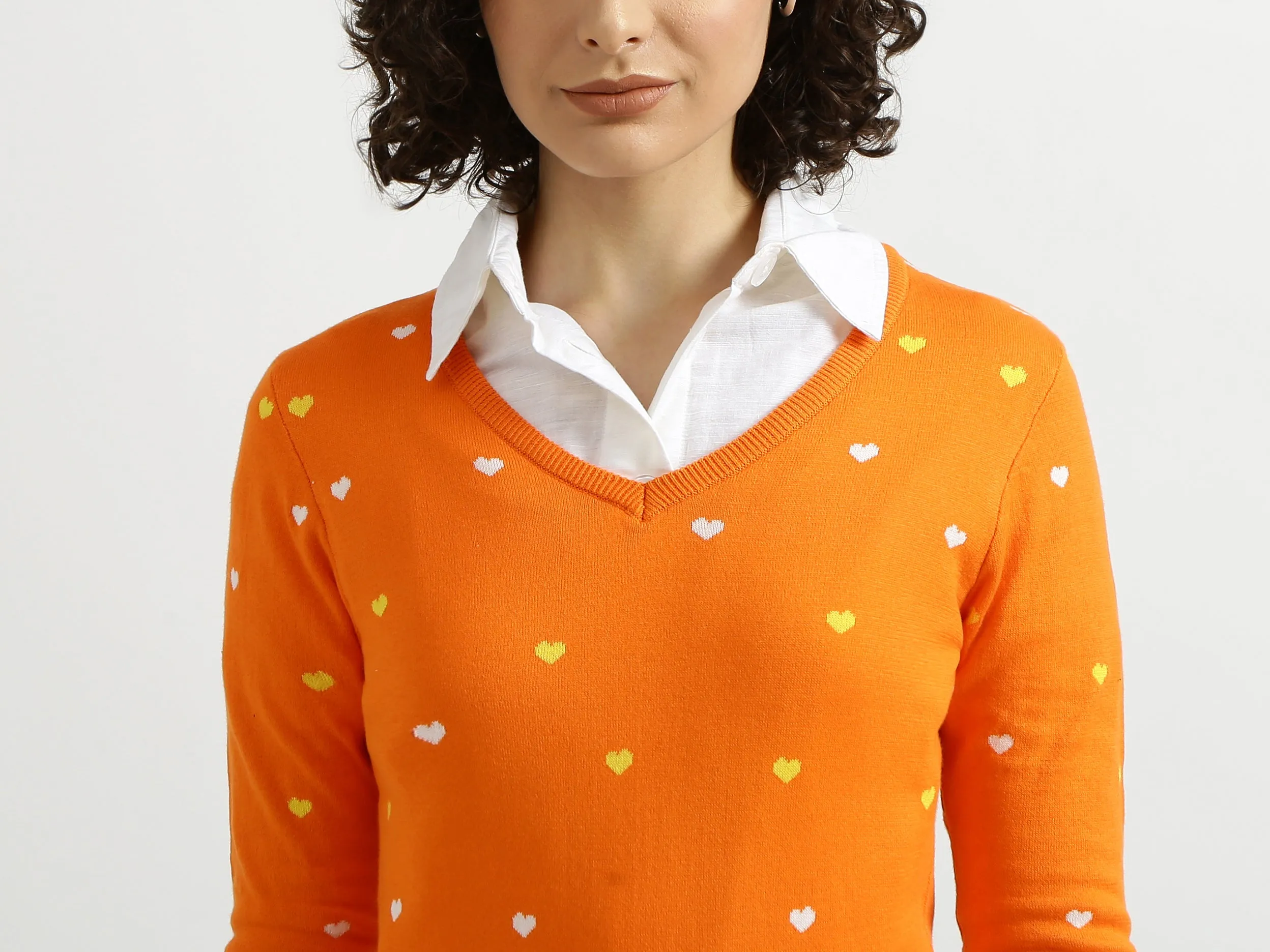 Orange V-Neck Printed Sweater