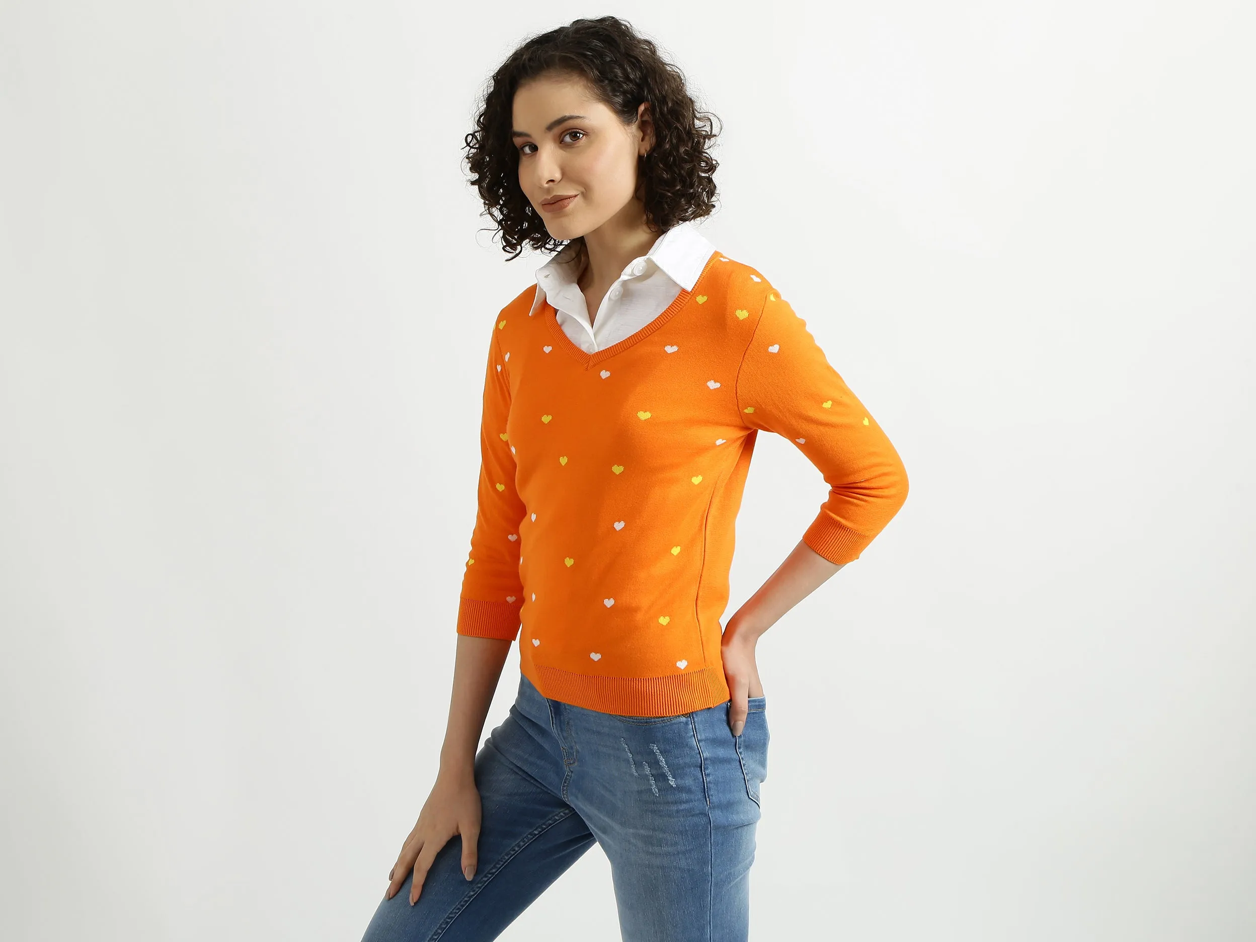 Orange V-Neck Printed Sweater