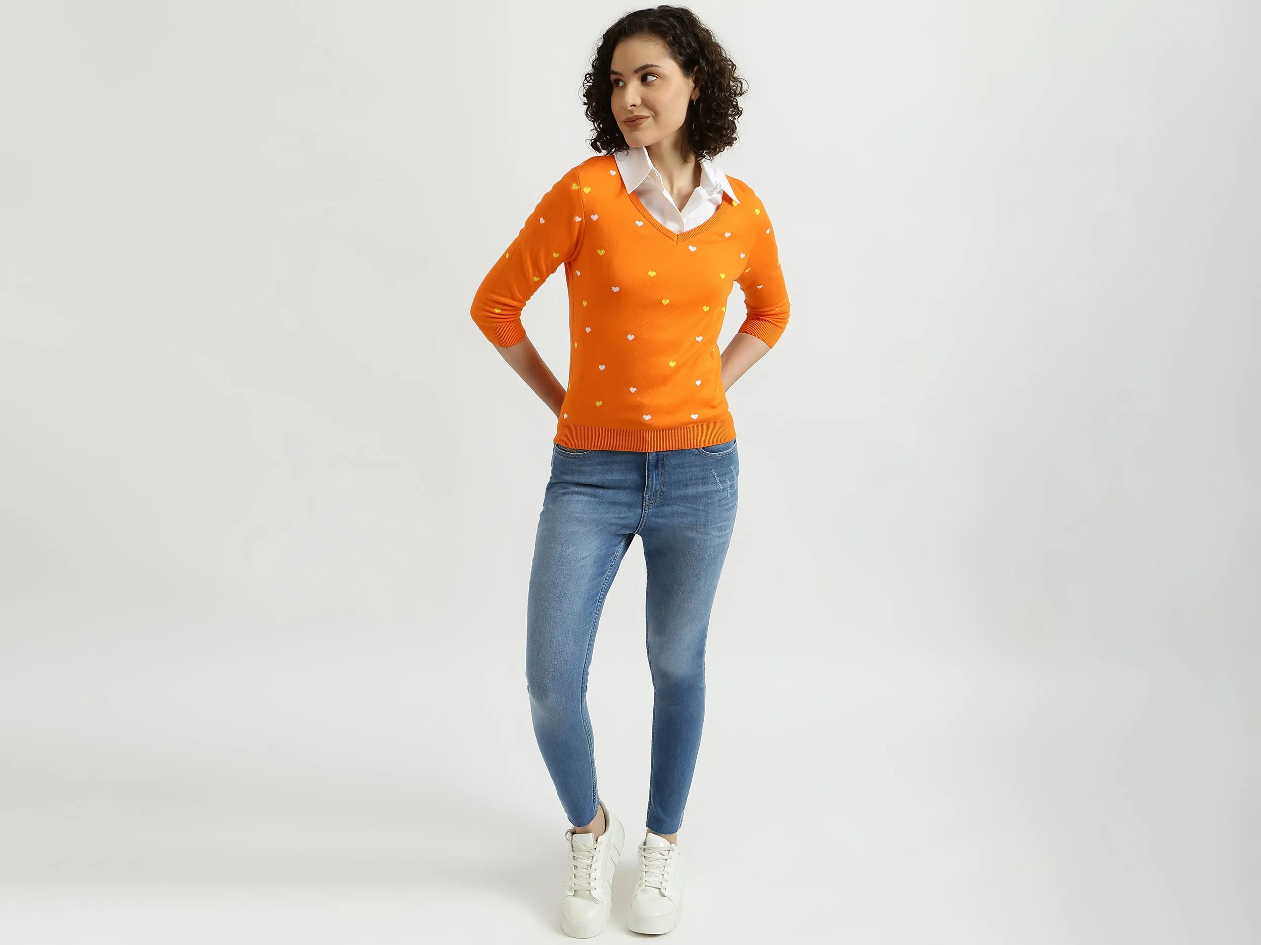 Orange V-Neck Printed Sweater