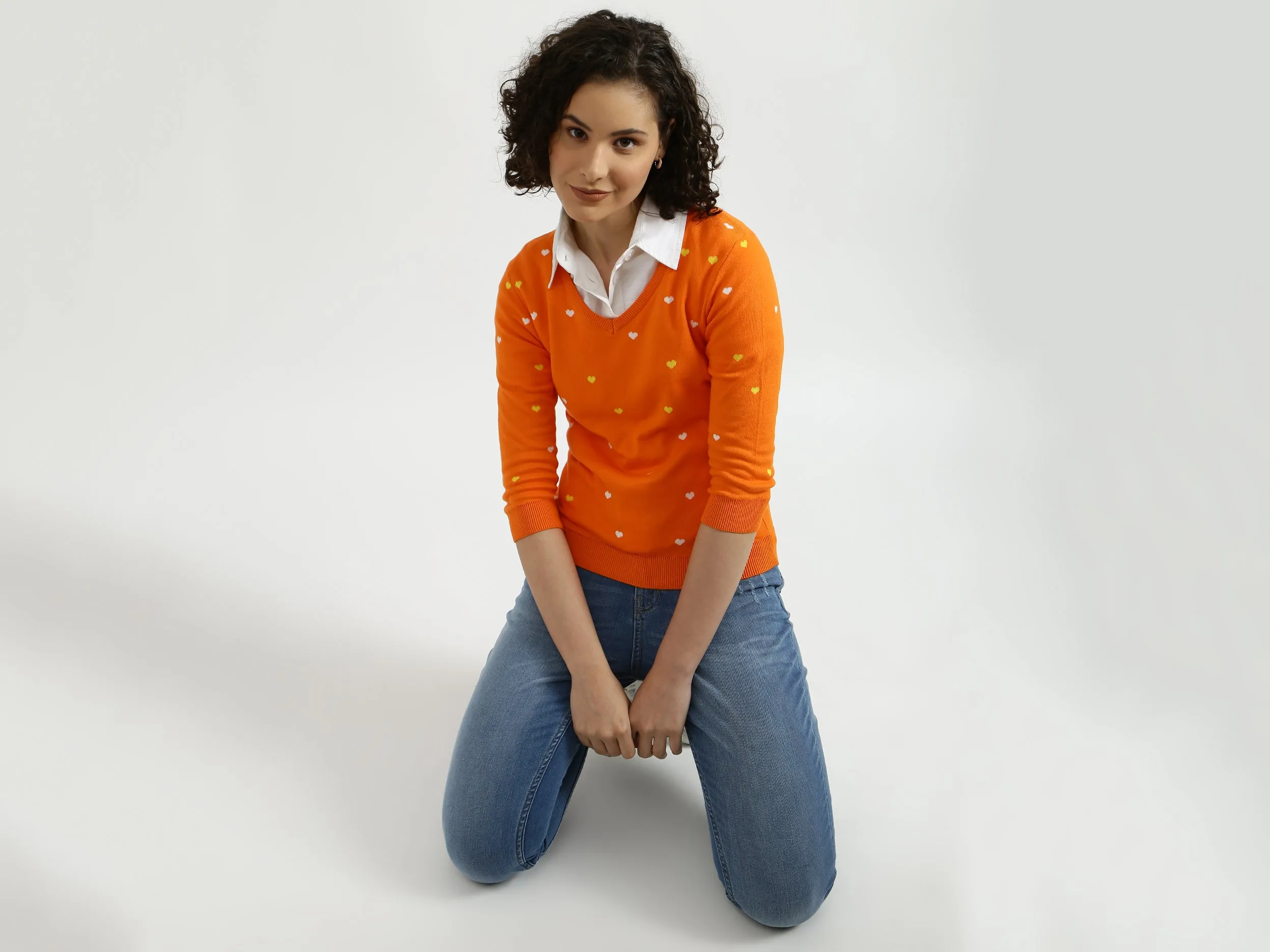 Orange V-Neck Printed Sweater