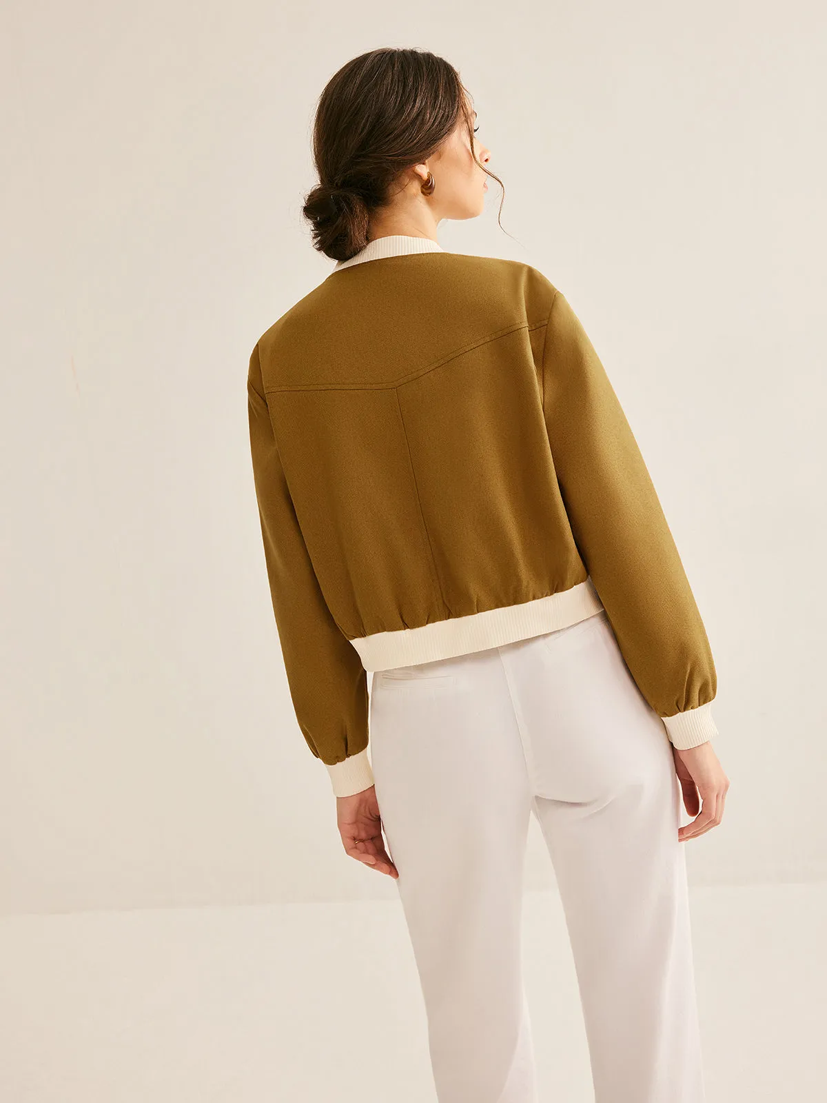 Oversized Crew Neck Contrast Trim Button Jacket