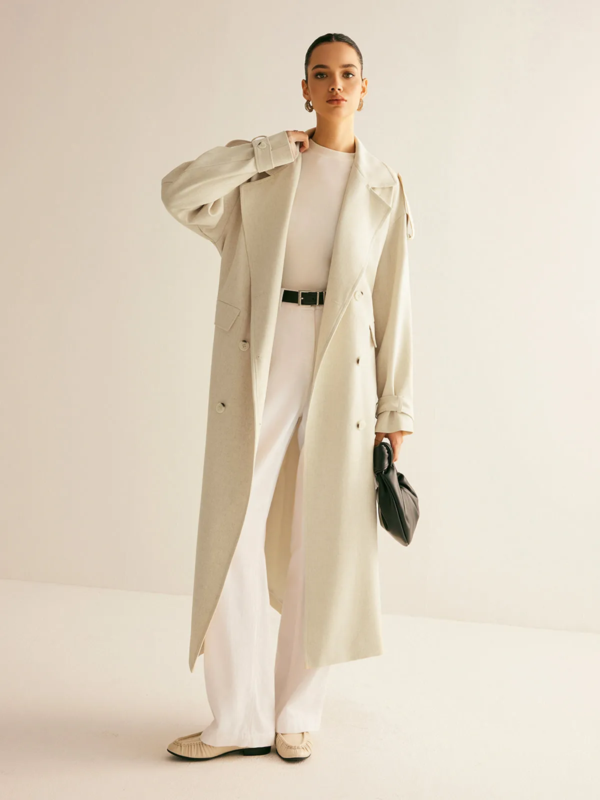 Oversized Lapel Pockets Belted Trench Coat