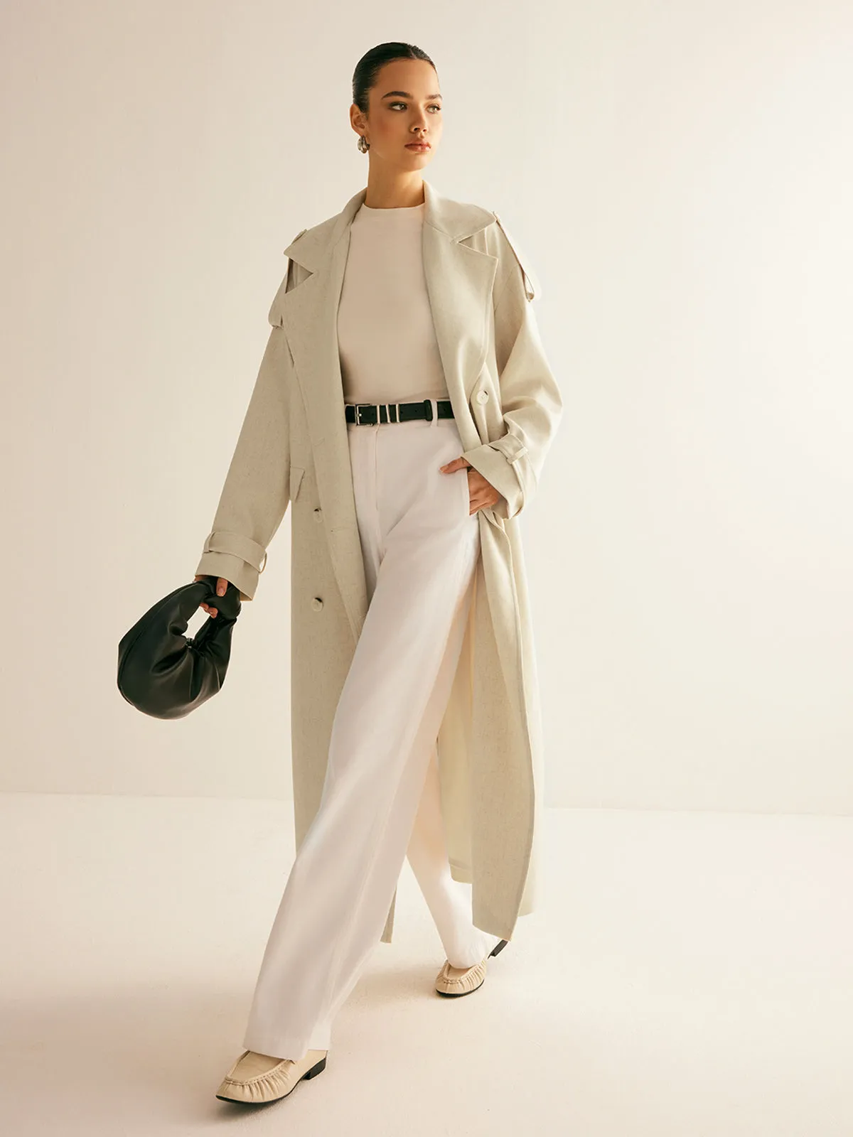 Oversized Lapel Pockets Belted Trench Coat