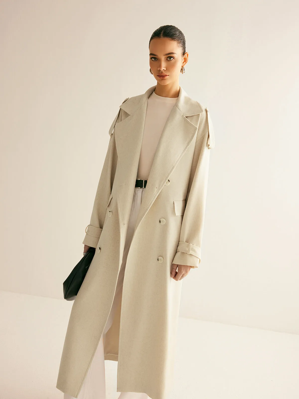 Oversized Lapel Pockets Belted Trench Coat