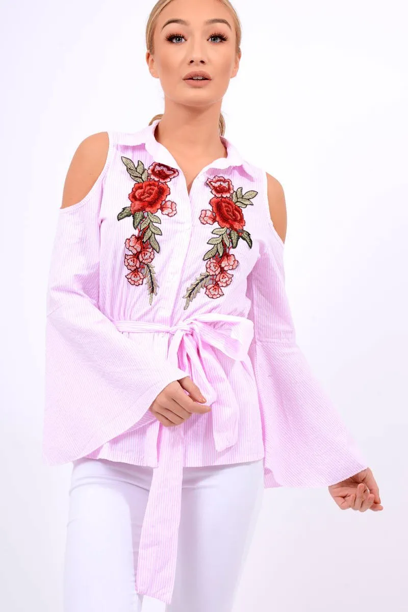 Pink Striped Cold Shoulder Tie Shirt - Aniyah