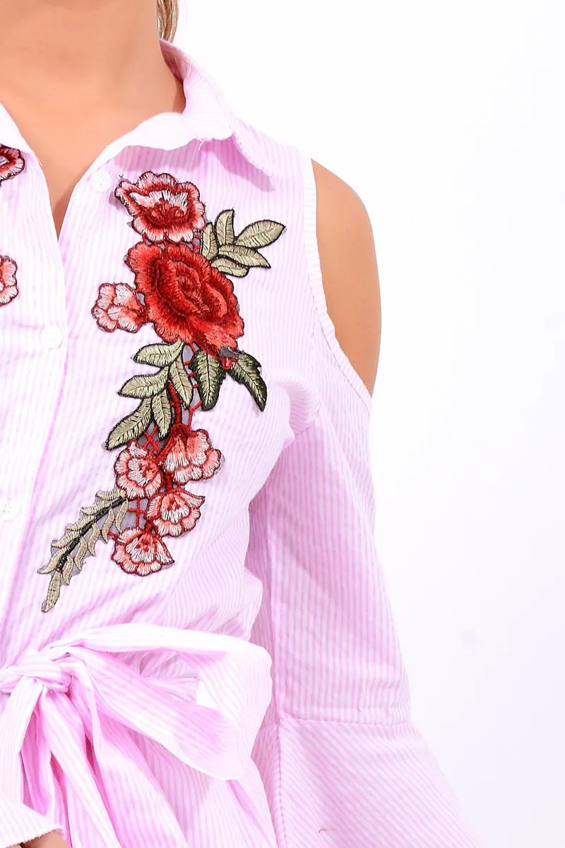 Pink Striped Cold Shoulder Tie Shirt - Aniyah