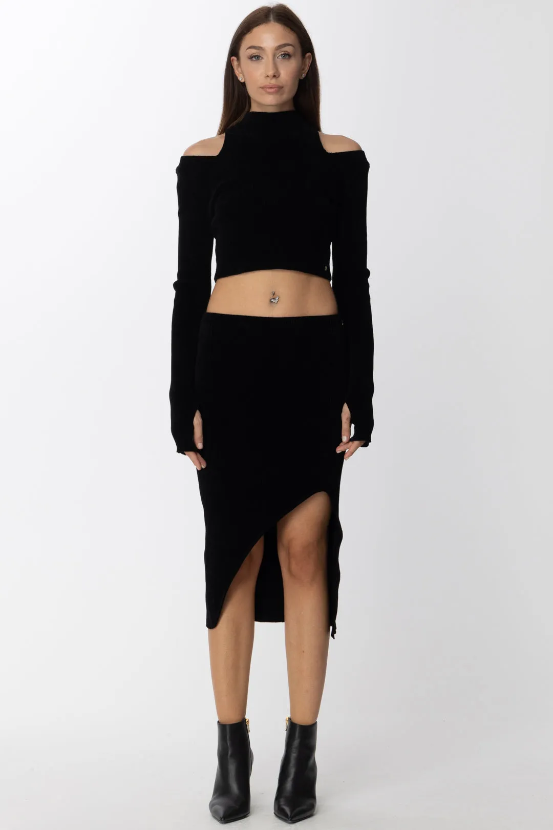 Pullover Crop a Costine con Collo Alto