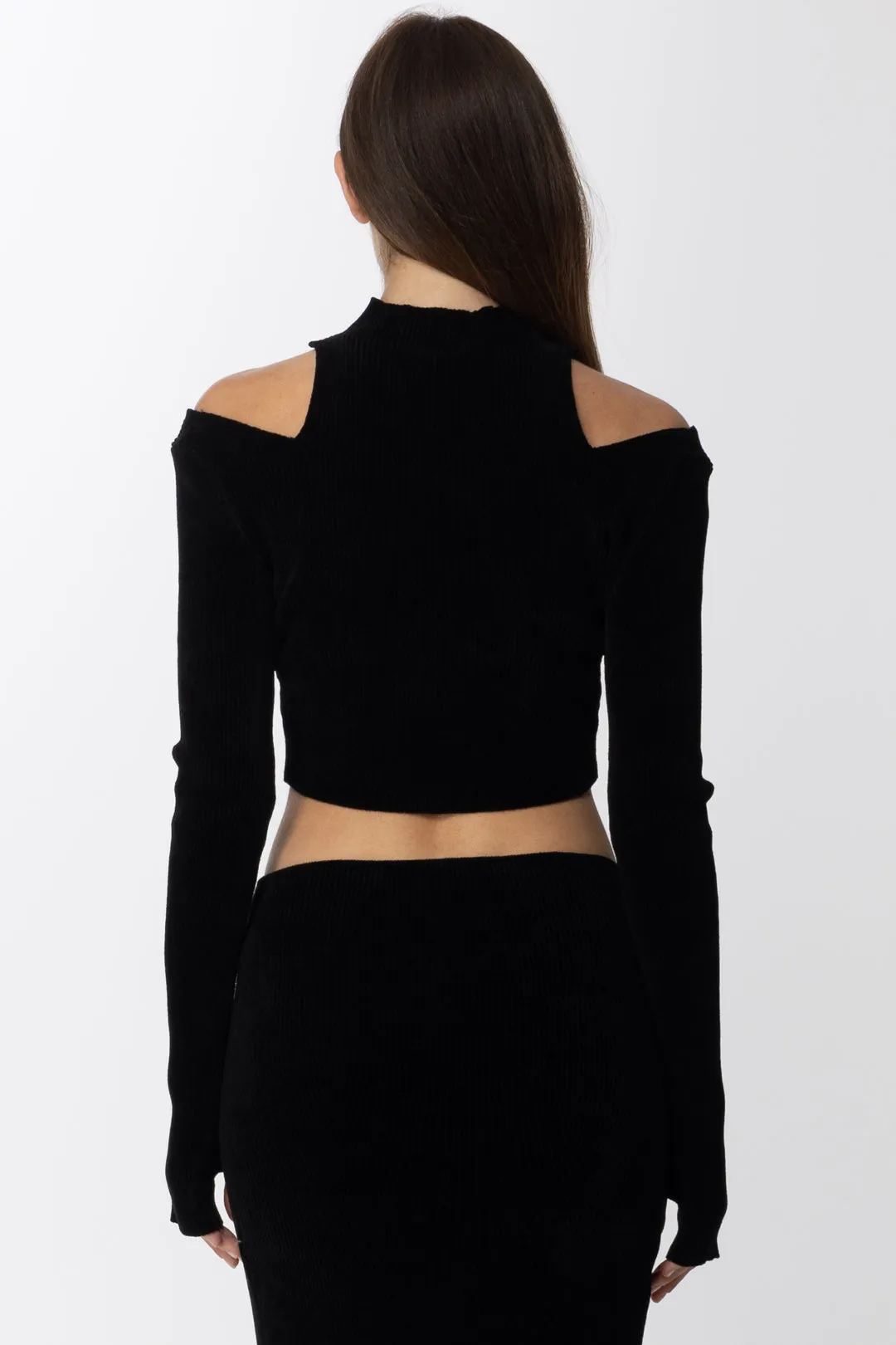 Pullover Crop a Costine con Collo Alto