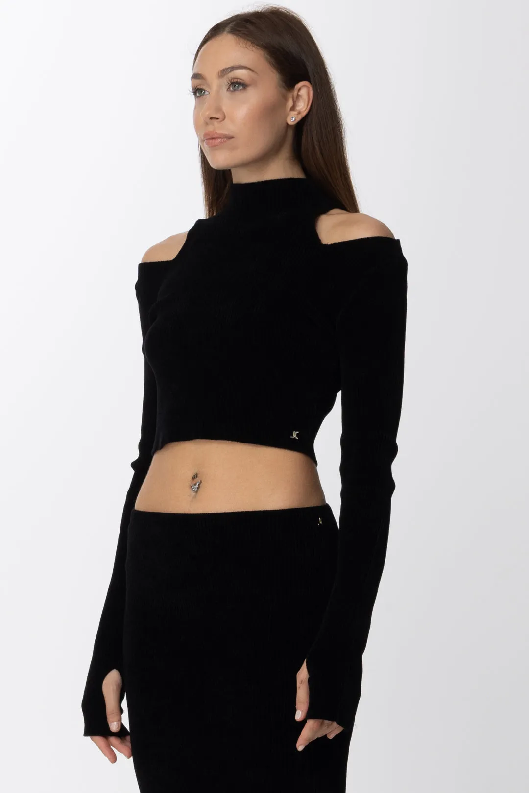 Pullover Crop a Costine con Collo Alto