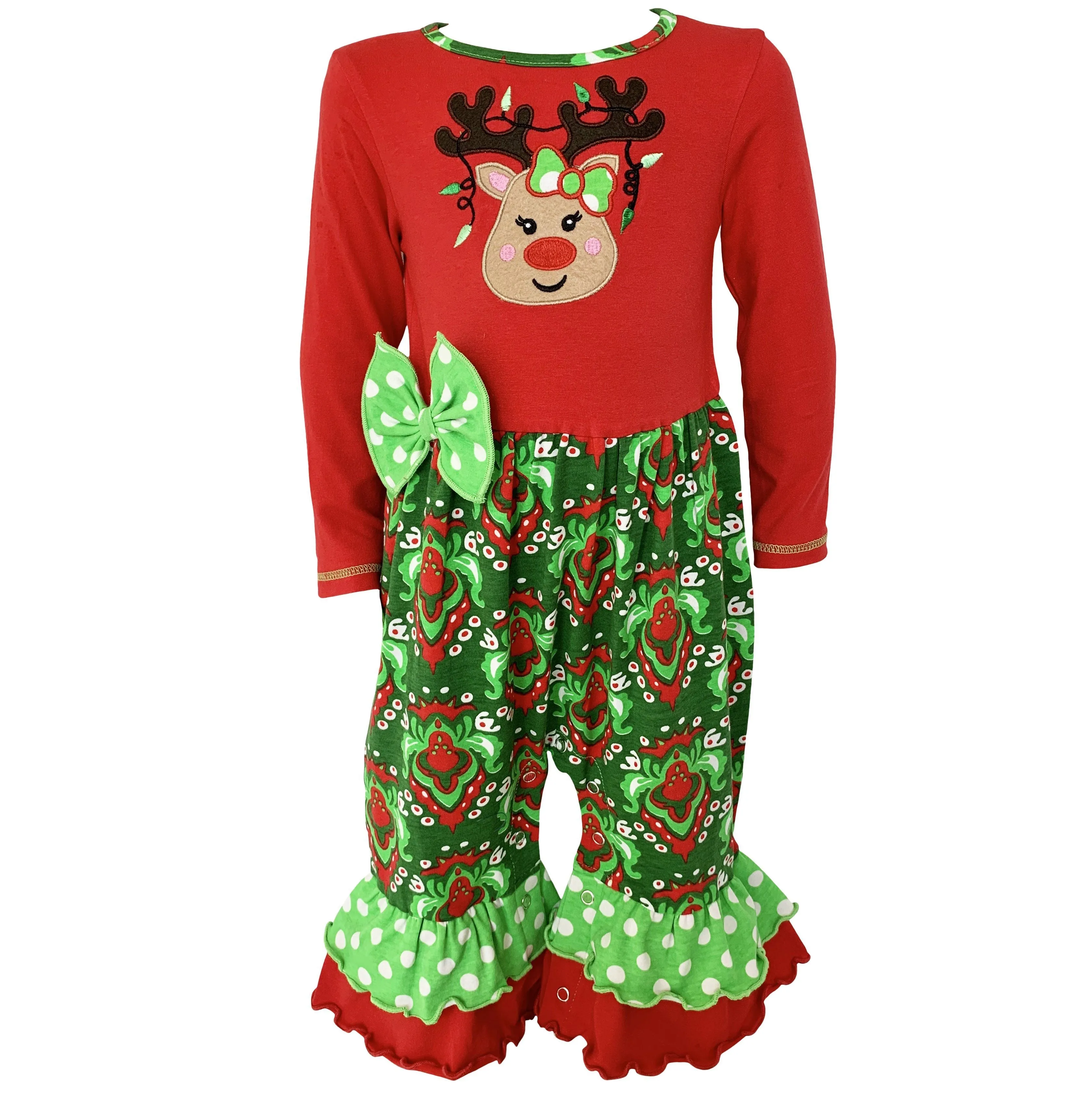 Red Green Damask Christmas Rudolph Reindeer Romper 6M-24M