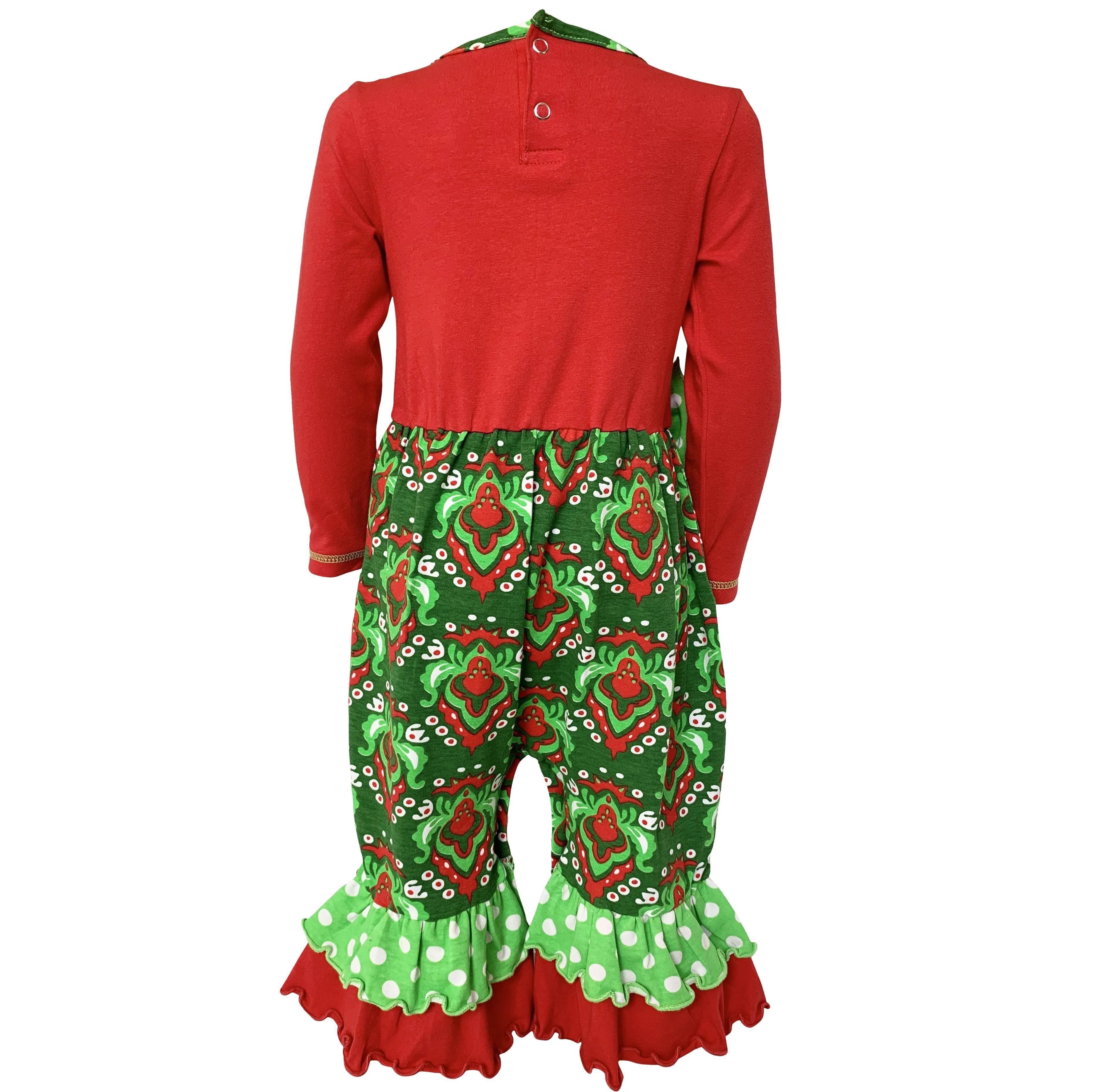 Red Green Damask Christmas Rudolph Reindeer Romper 6M-24M
