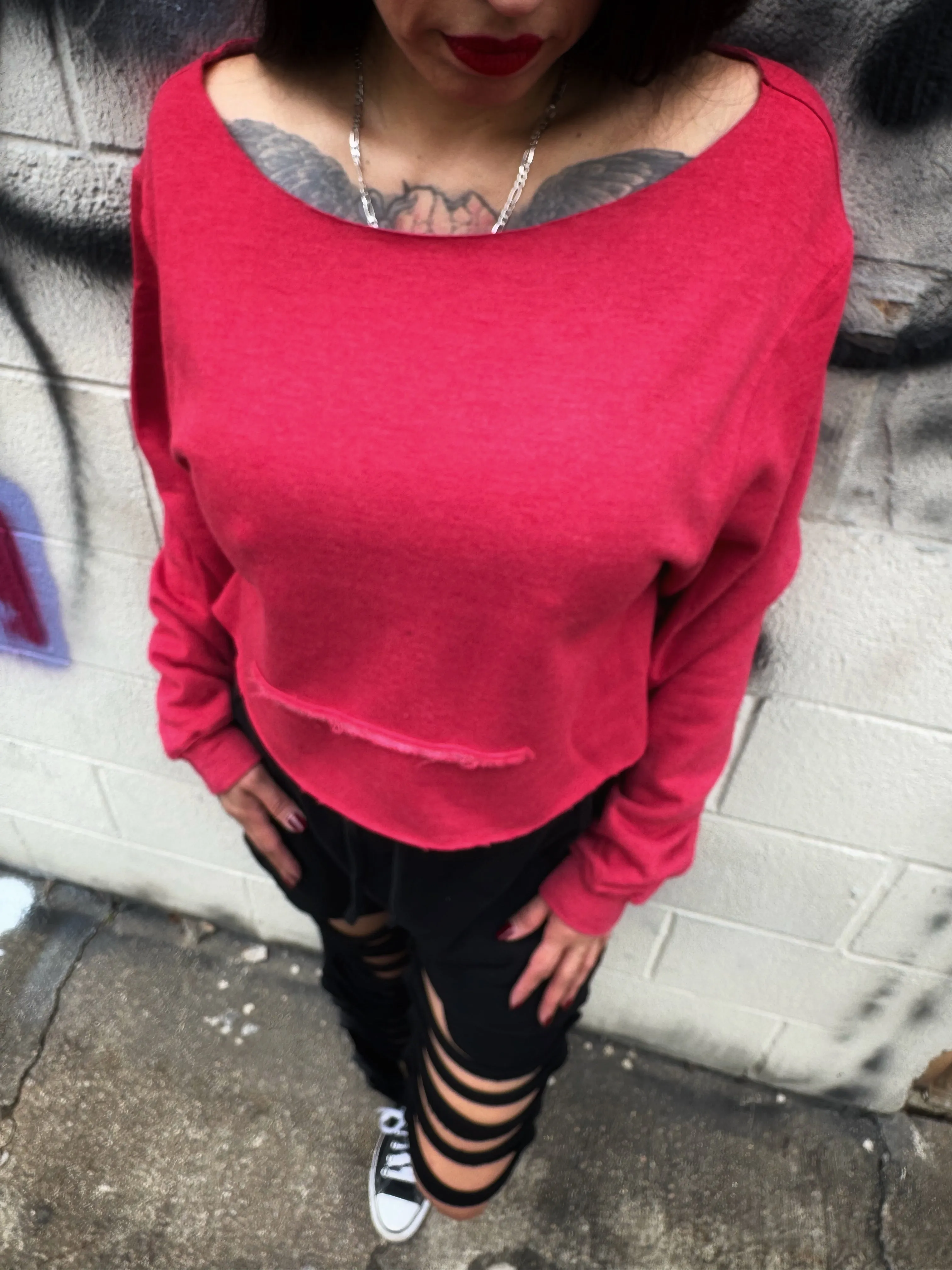 RED ROAD RASH WIDENECK CROP TOP SWEATER 1.0