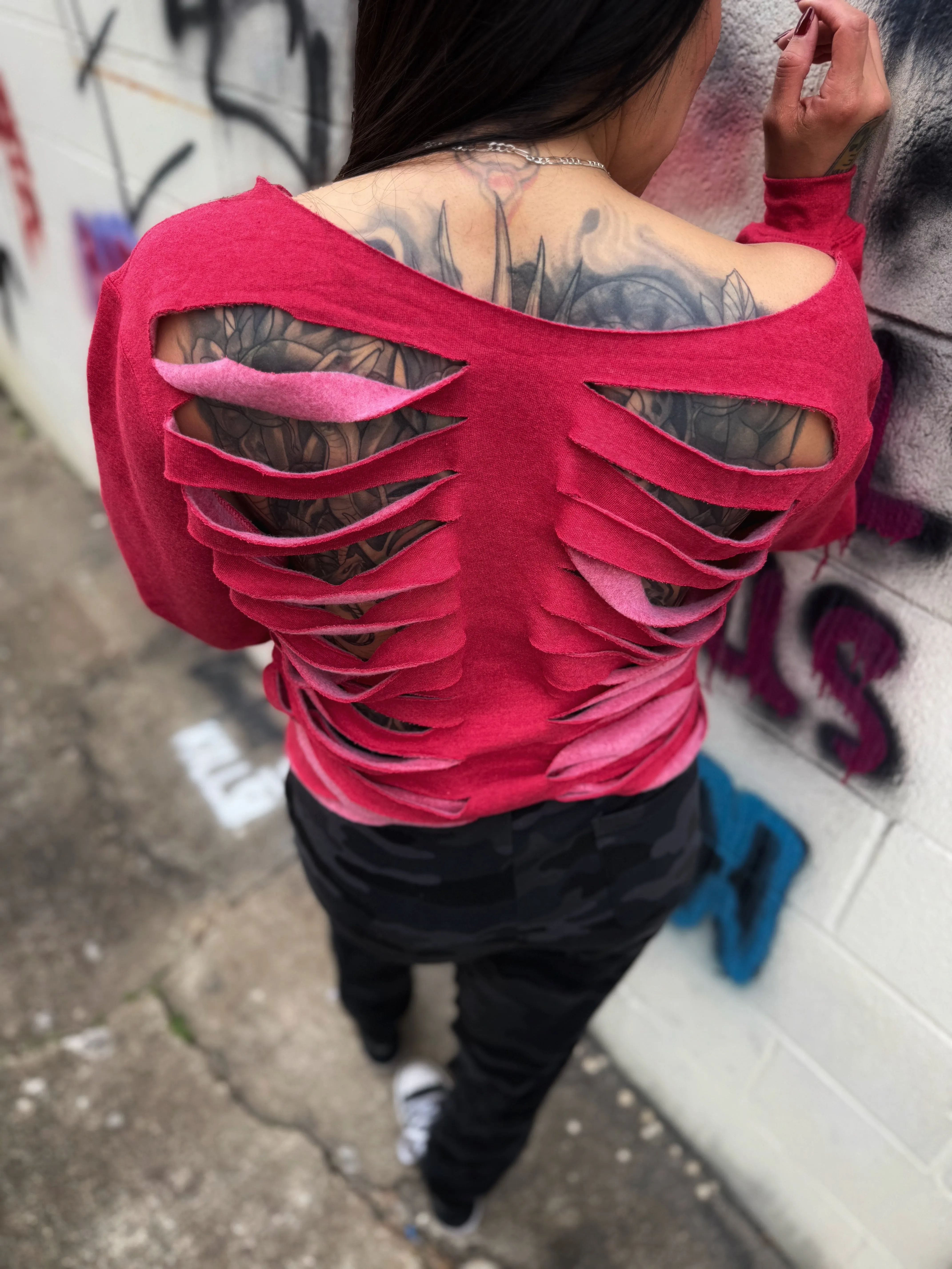 RED ROAD RASH WIDENECK CROP TOP SWEATER 1.0