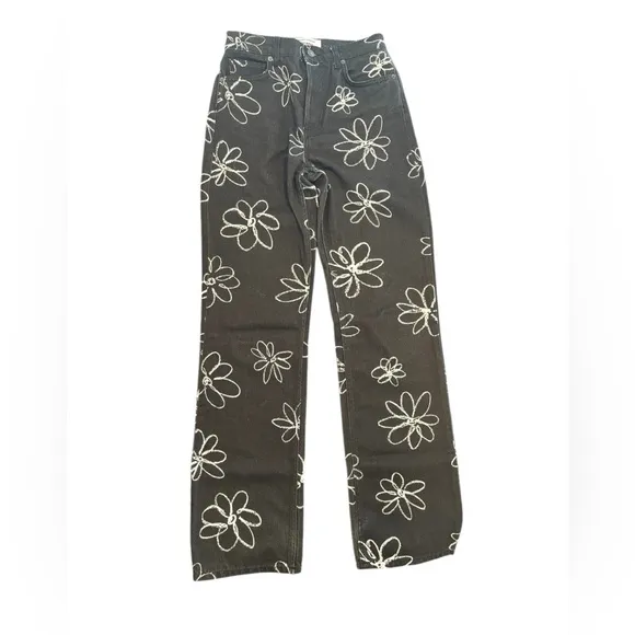 Reformation Black Hi-Rise Jeans Black/White Daisy Print Size 26 US 2 AWESOME