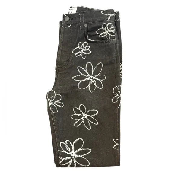 Reformation Black Hi-Rise Jeans Black/White Daisy Print Size 26 US 2 AWESOME