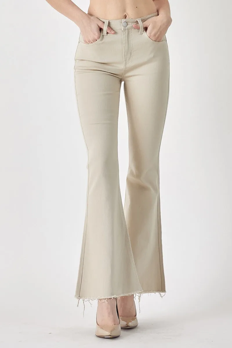 RISEN Mid-Rise Raw Hem Flare Jeans in Khaki