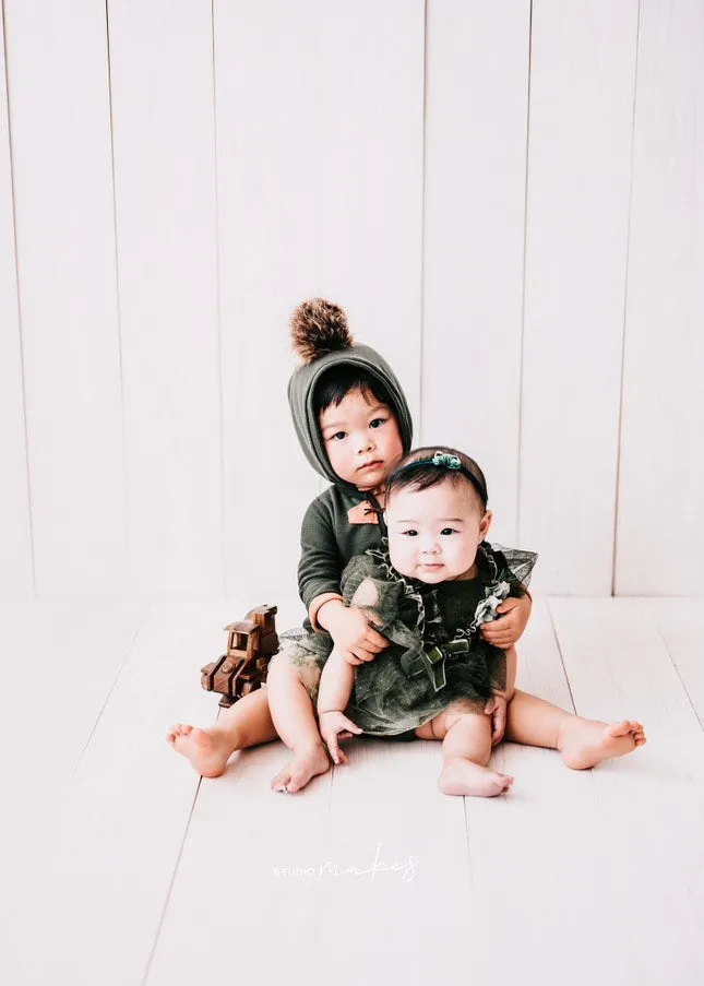 Romper and bonnet, Green, with faux fur pom pom, Made to order