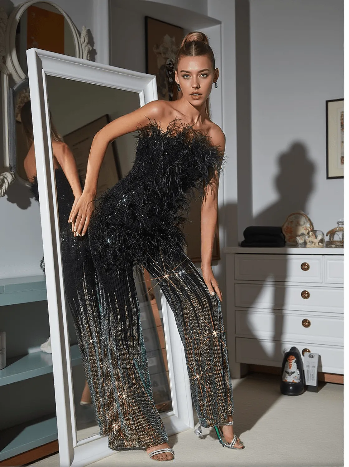 Shiva Ombre Feather Sequin Jumpsuit