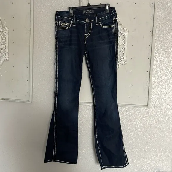 Silver Jeans Frances sz27 x 31 thick stitch flare low/mid rise dark wash EUC