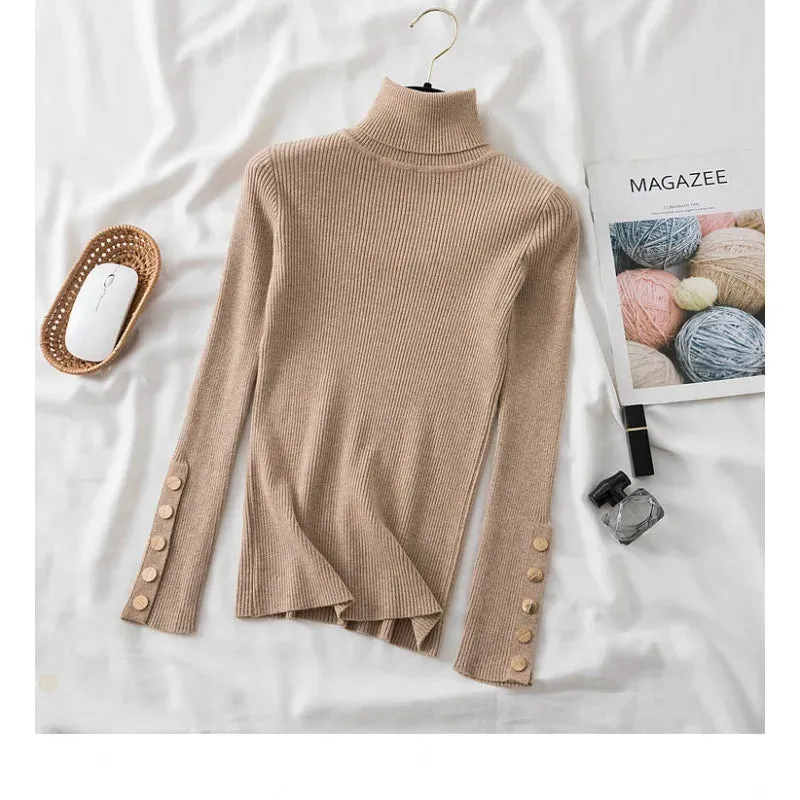 Slim Knit Turtleneck Sweater – Soft, Buttoned, and Cozy for Autumn & Winter