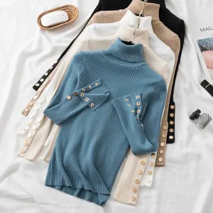 Slim Knit Turtleneck Sweater – Soft, Buttoned, and Cozy for Autumn & Winter
