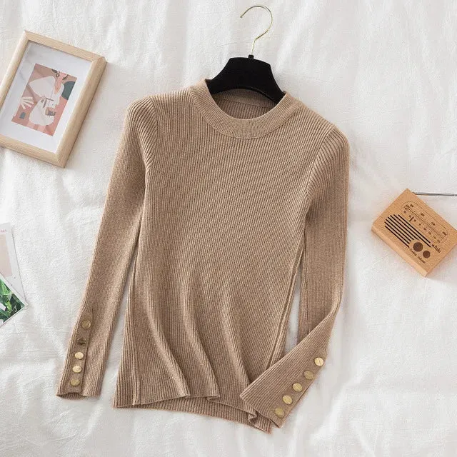 Slim Knit Turtleneck Sweater – Soft, Buttoned, and Cozy for Autumn & Winter