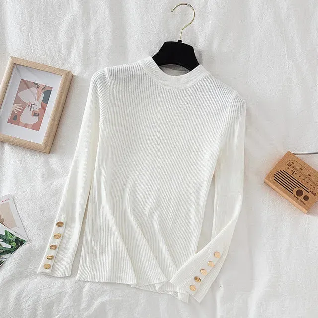 Slim Knit Turtleneck Sweater – Soft, Buttoned, and Cozy for Autumn & Winter