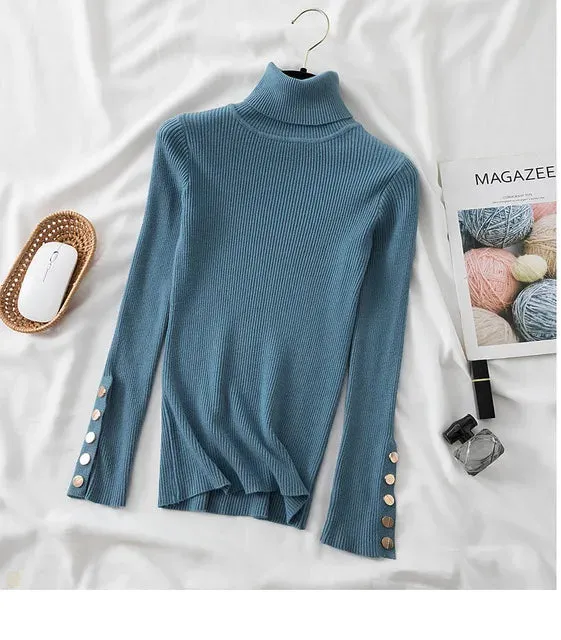 Slim Knit Turtleneck Sweater – Soft, Buttoned, and Cozy for Autumn & Winter