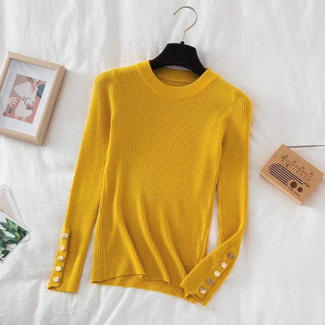 Slim Knit Turtleneck Sweater – Soft, Buttoned, and Cozy for Autumn & Winter