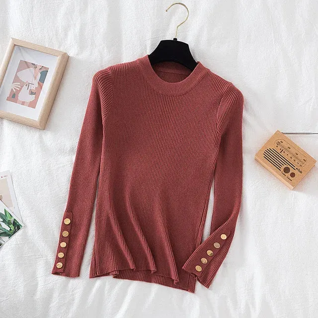 Slim Knit Turtleneck Sweater – Soft, Buttoned, and Cozy for Autumn & Winter