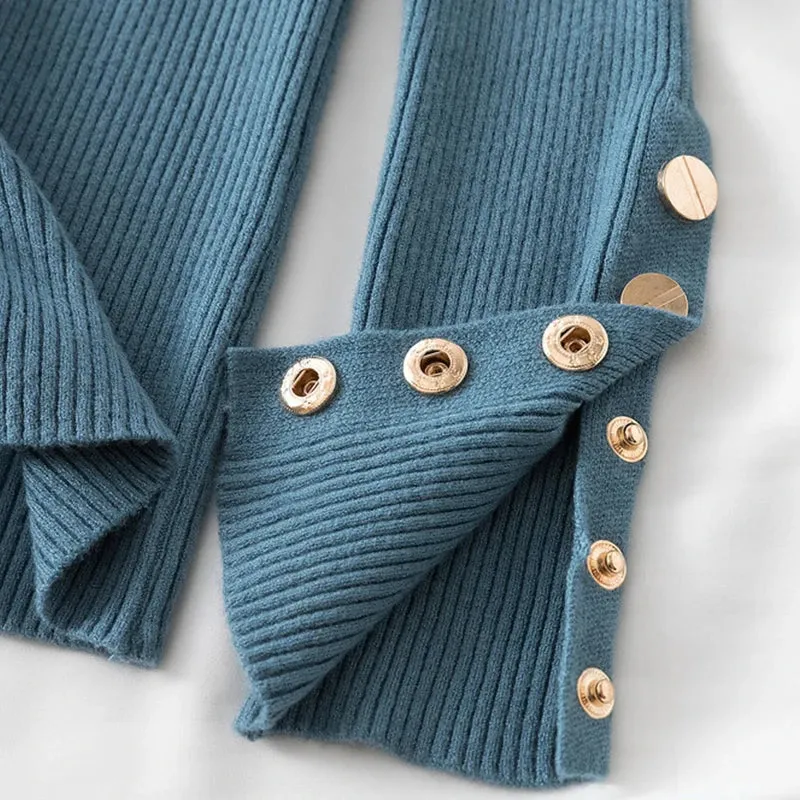 Slim Knit Turtleneck Sweater – Soft, Buttoned, and Cozy for Autumn & Winter