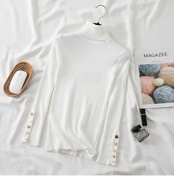 Slim Knit Turtleneck Sweater – Soft, Buttoned, and Cozy for Autumn & Winter